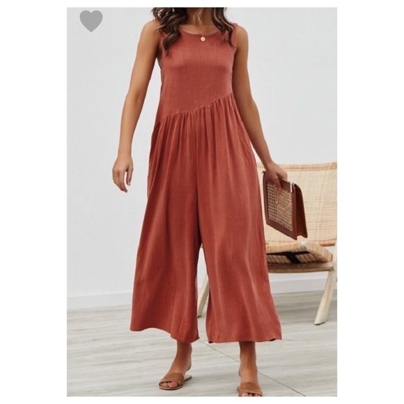 Last! Rust Sleeveless Wide Leg Capri Jumpsuit - Picture 2 of 4